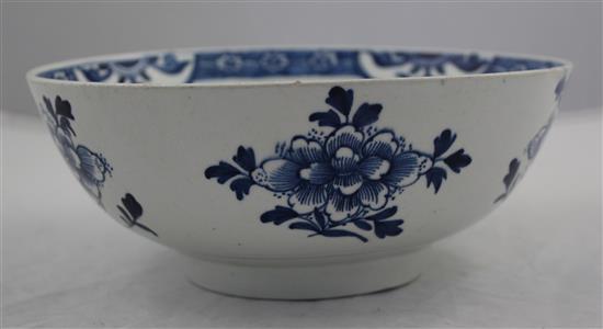 An English porcelain blue and white small punch bowl, late 18th century, probably Liverpool, diameter 22.5cm